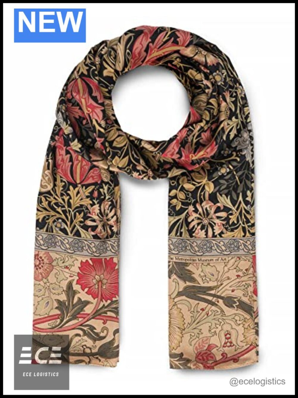 100% Silk Crêpe de Chine Oblong Scarf 64” Floral Victorian Style